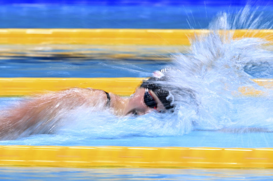 Katie Ledecky of the United States competes in the Women 800m Freestyle final at the 19th FINA World Championships in Budapest, Hungary, Friday, June 24, 2022. (AP Photo/Anna Szilagyi)