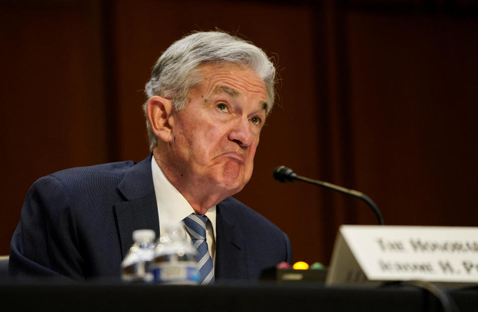 Federal Reserve Chair Jerome Powell reacts to a question during a Senate Banking, Housing, and Urban Affairs Committee hearing on the 