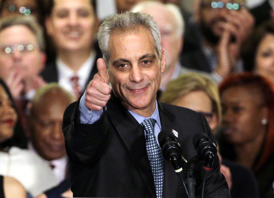 FILE - In this April 7, 2015, file photo, Chicago Mayor Rahm Emanuel celebrates at Plumbers Local 130 Union Hall in Chicago after winning in a runoff election for a second term in office. Emanuel, a Democratic congressman and chief of staff to President Barack Obama before becoming mayor in 2011, announced Tuesday, Sept. 4, 2018, that he won't seek a third term in 2019. (AP Photo/Nam Y. Huh, File)