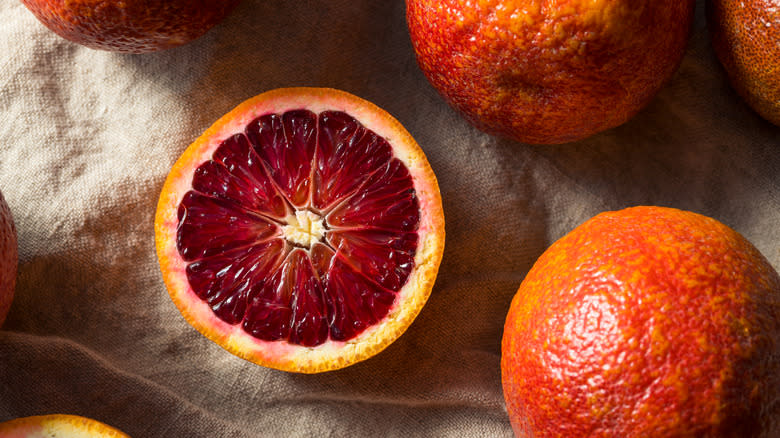 Overview of sliced open blood orange 