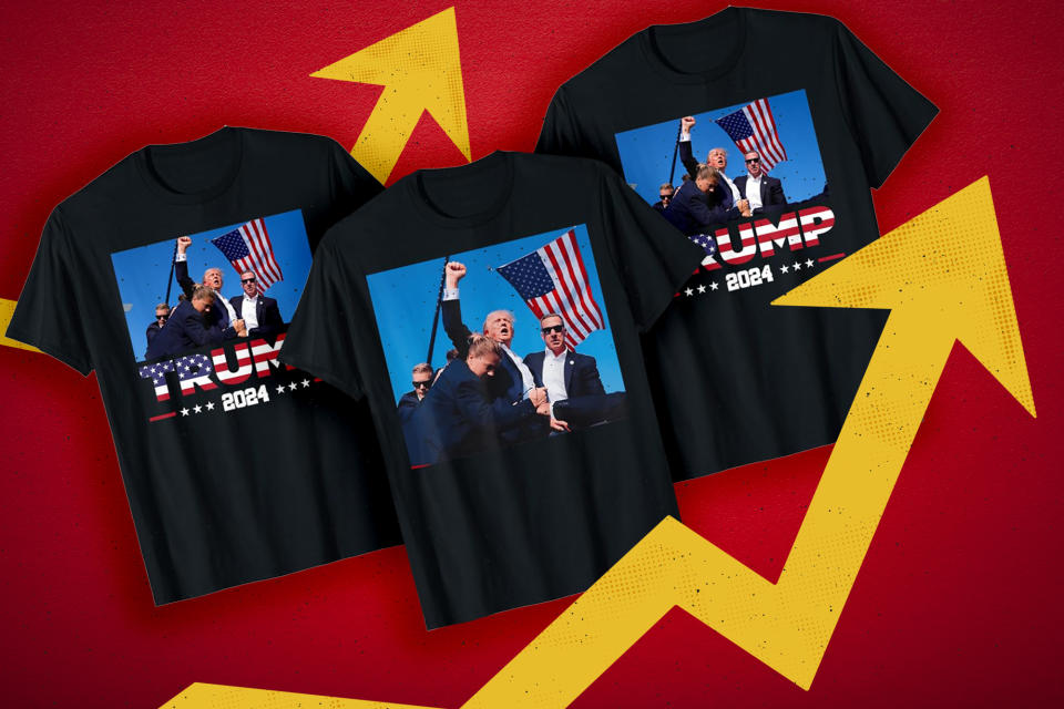 Group of t-shirts with a picture of Donald Trump holding a flag on a red background