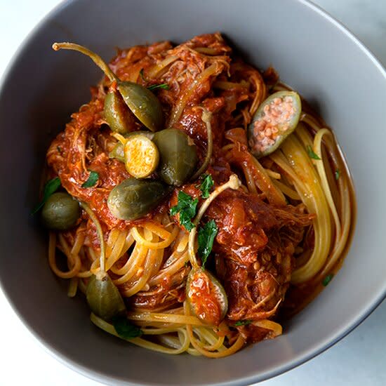 Slow Cooker Chicken Cacciatore with Linguine and Caper Berries