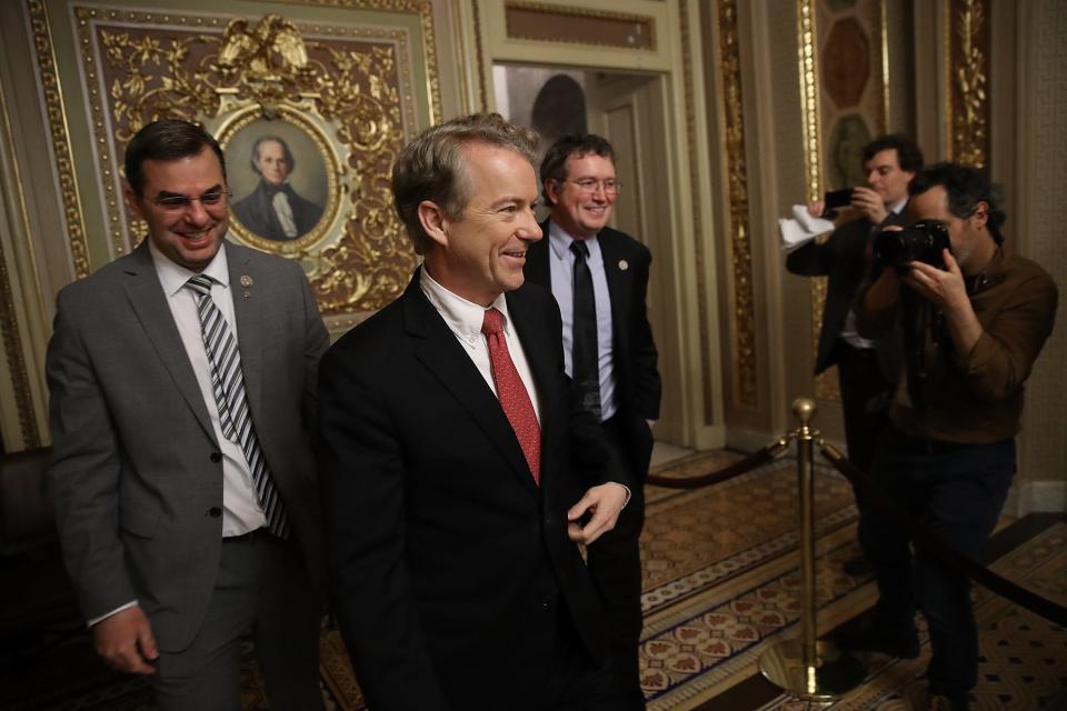 Sen. Rand Paul, R-Ky., in the U.S. Capitol with Rep. Justin Amash, then a Republican, and Rep. Thomas Massie, R-Ky., on Feb. 8, 2018.