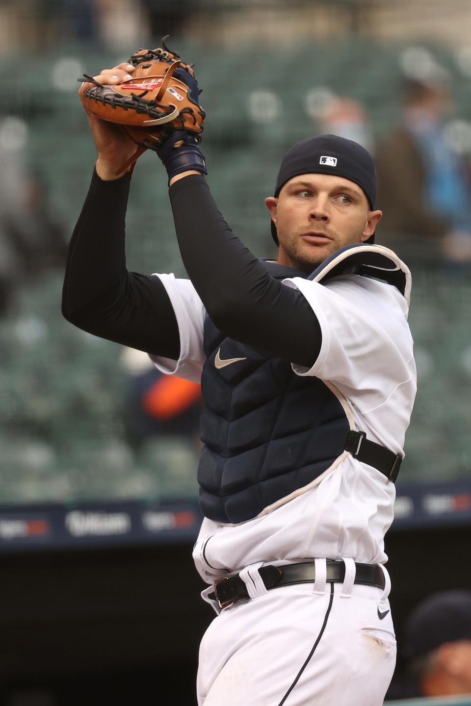 Tigers catcher Grayson Greiner catches a foul ball in the fourth inning of the 5-2 win over the Pirates in Game 2 of the doubleheader on Wednesday, April 21, 2021, at Comerica Park.