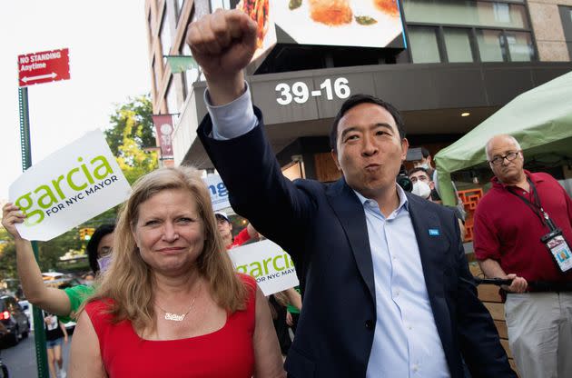 New York City mayoral candidates Kathryn Garcia and Andrew Yang campaign in Queens on Monday. Adams suggested that their collaboration was racist. (Photo: ANGELA WEISS/Getty Images)