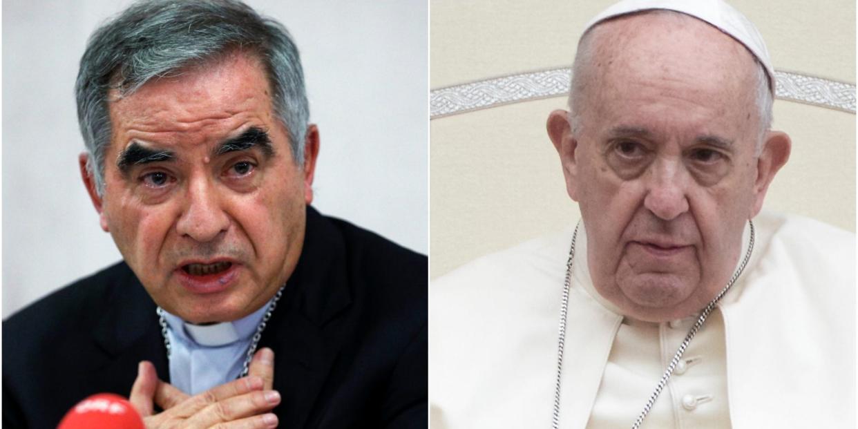 Cardinal Giovanni Angelo Becciu, left, and Pope Francis, right.
