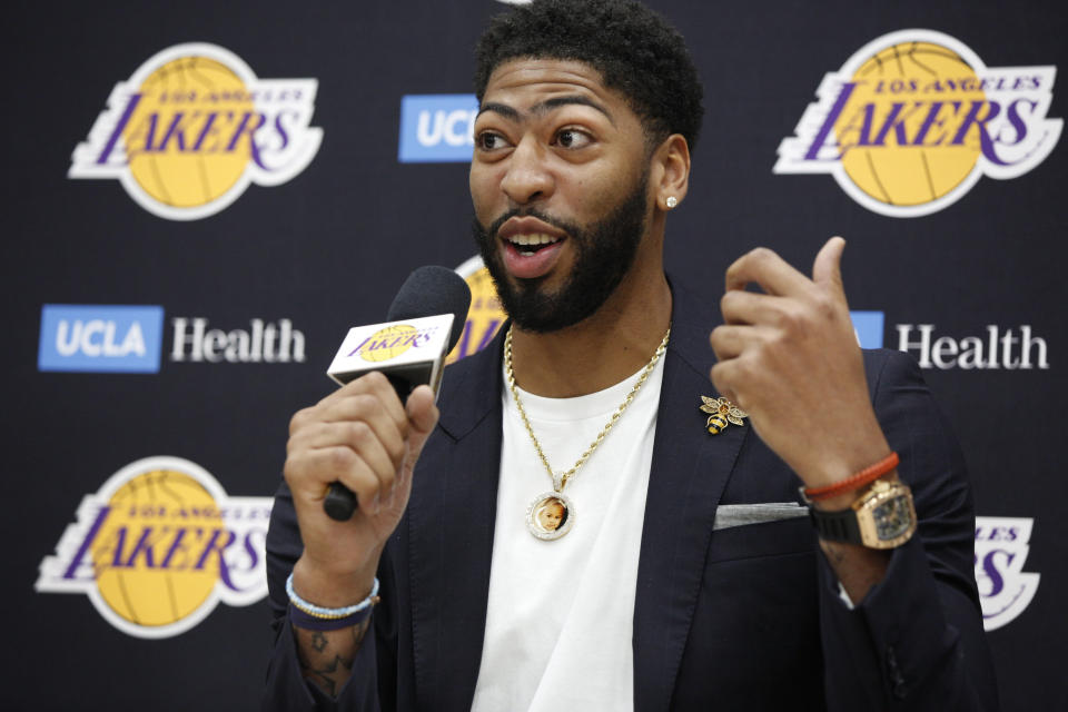 Los Angeles Lakers NBA basketball team introduce Anthony Davis at a news conference at the UCLA Health Training Center in El Segundo, Calif., Saturday, July 13, 2019 (AP Photo/Damian Dovarganes)