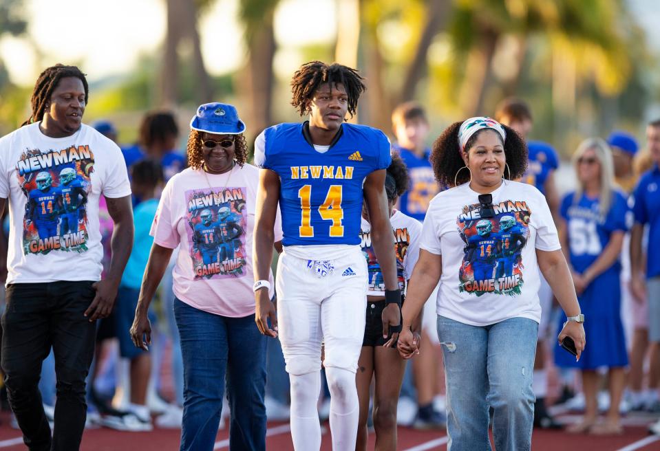 Cardinal Newman player Devon Byrd during Senior Night against Benjamin during their football game on October 20, 2023 in West Palm Beach, Florida.