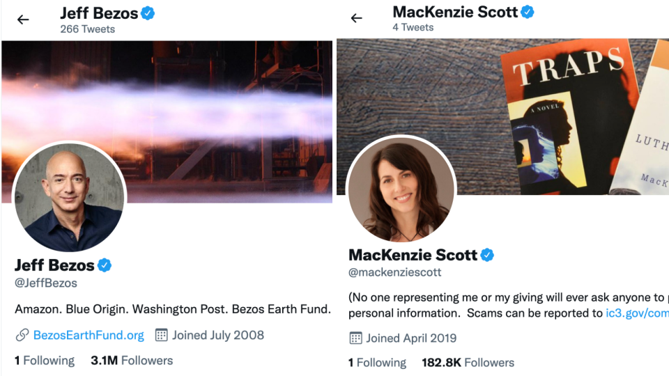 Screenshots showing Jeff Bezos and MacKenie Scott's Twitter accounts.