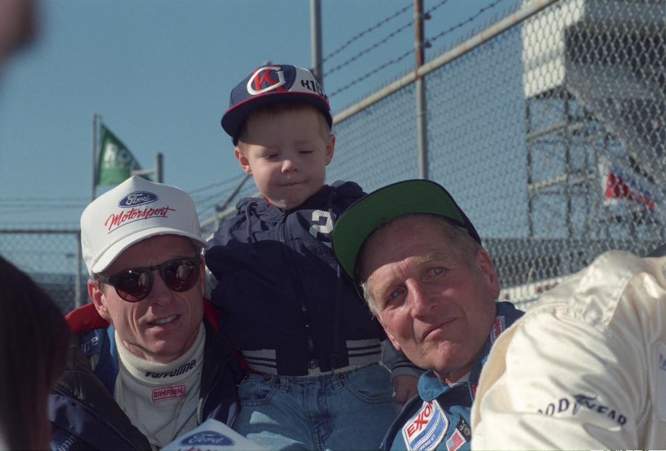 Mark Martin, left, and Paul Newman before the 1995 Rolex 24 at Daytona February 5, 1995. The pair were part of the team that won that year's GTO class driving the No. 70 Ford Mustang.