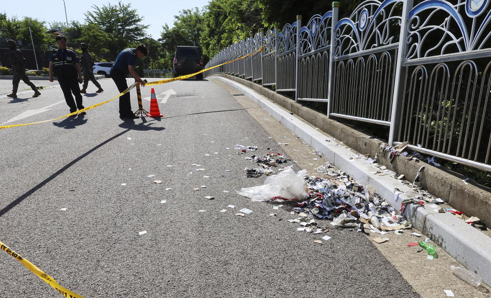 The trash from a balloon presumably sent by North Korea, is seen on a road in Incheon, South Korea, Sunday, June 2, 2024. North Korea launched hundreds of more trash-carrying balloons toward the South after a similar campaign a few days ago, according to South Korea’s military, in what Pyongyang calls retaliation for activists flying anti-North Korean leaflets across the border. (Im Sun-suk/Yonhap via AP)