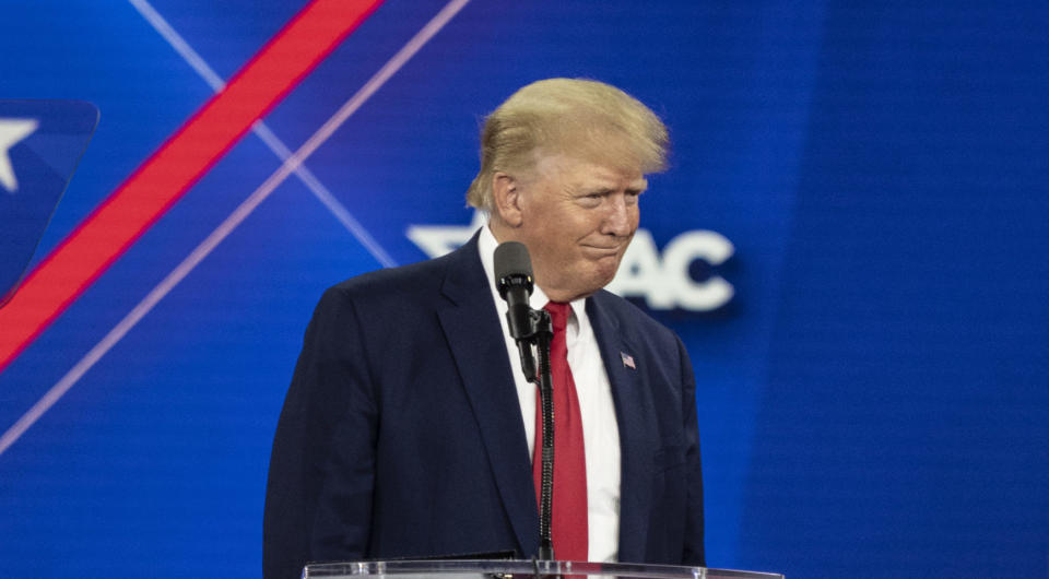 Der ehemalige US-Präsident Donald Trump (76) auf der diesjährigen CPAC-Konferenz in Dallas/Texas. - Copyright: picture alliance/AA: Lev Radin