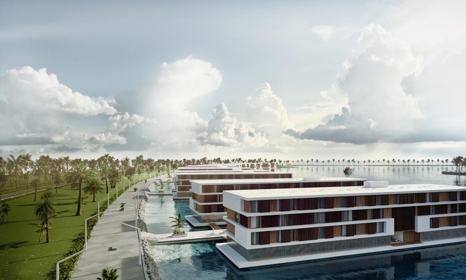 Identical, pre-assembled, buoyant luxury hotels will float to Qatar, beginning in 2021. Renderings and photos provided by: Admares.