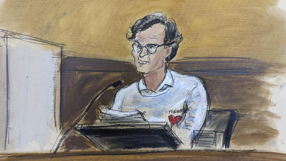 In this courtroom sketch, Aristide Melissas, a victim of the bike path attack by Sayfullo Saipov, presents her victim impact statement in the sentencing phase of Saipov's trial, Wednesday, May 17, 2023, in federal court in New York. Saipov was given 10 life sentences and another 260 years in prison on Wednesday for killing eight people with a truck on a bike path in Manhattan and severely injuring 18 others. (AP Photo/Elizabeth Williams)