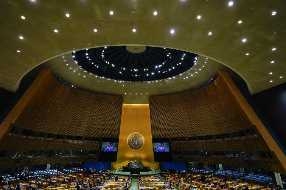 Spain's President Pedro Sanchez, addresses the 78th session of the United Nations General Assembly, Wednesday, Sept. 20, 2023, at U.N. headquarters. (AP Photo/Frank Franklin II)