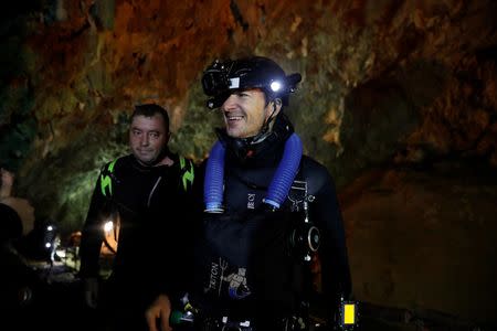Foreign divers are seen in Tham Luang cave complex, as an ongoing search for members of an under-16 soccer team and their coach continues, in the northern province of Chiang Rai, Thailand, July 1, 2018. REUTERS/Soe Zeya Tun