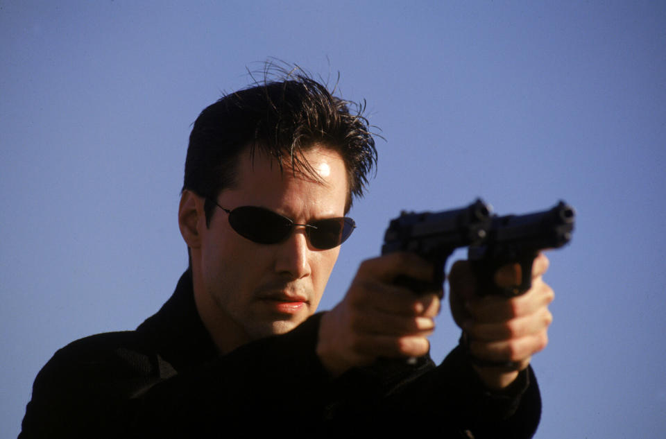 Closeup of Keanu Reeves in "The Matrix"