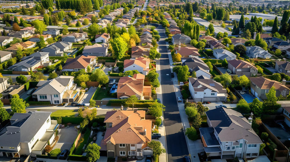 Aerial view of a residential neighborhood in a metropolitan area in California.