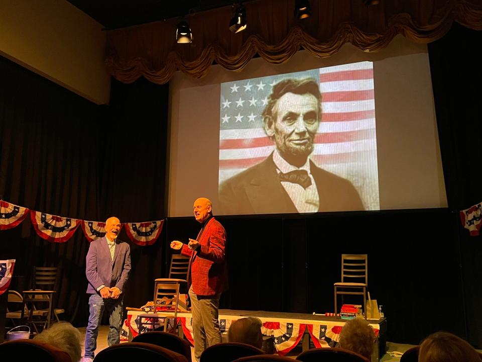 Steve Rosenbaum, left, and Terry Ray introduce their new play "The Lincoln Debate" on Dec. 14, 2022, at the Palm Springs Cultural Center.