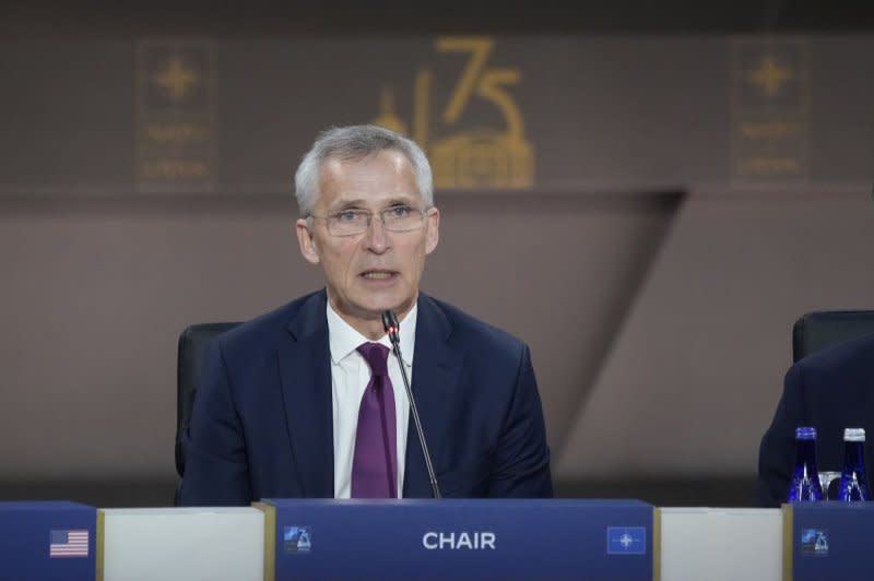 NATO Secretary General Jens Stoltenberg gives opening remarks during a working session at the 75th NATO Summit on Thursday. Photo by Chris Kleponis /UPI