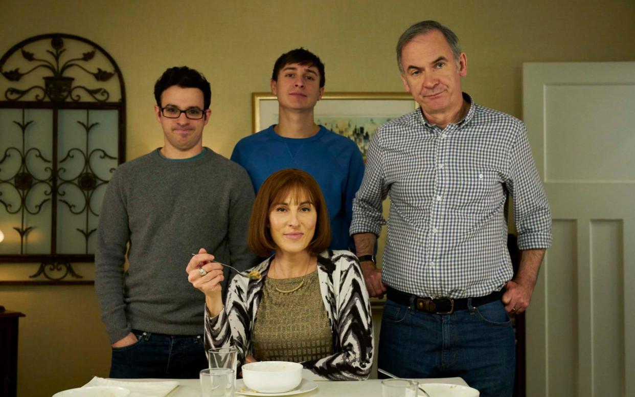 Family gathering: left to right, Adam (Simon Bird) and Jonny (Tom Rosenthal), Jackie (Tamsin Greig) and Martin (Paul Ritter) - Mark Johnson