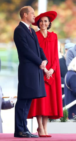 <p>Max Mumby/Indigo/Getty </p> Prince William and Kate Middleton attend a ceremonial welcome for President of South Korea, Yoon Suk Yeol, and his wife, First Lady Kim Keon Hee, at Horse Guards Parade on November 21.