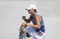 CORRECTS DATE TO SUNDAY - Jagger Eaton of the United States reacts after competing in the men's street skateboarding at the 2020 Summer Olympics, Sunday, July 25, 2021, in Tokyo, Japan. (AP Photo/Jae C. Hong)