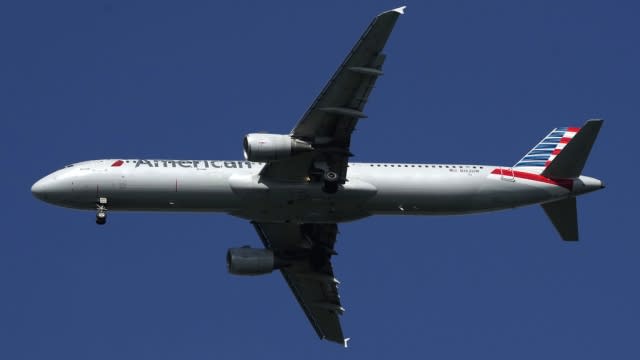 An American Airlines airplane in flight.