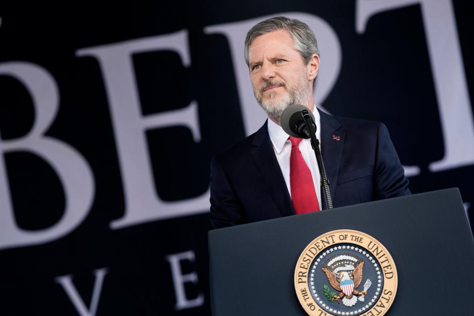 Then-president of Liberty University Jerry Falwell Jr. speaks during the May 2017 commencement ceremony. Falwell resigned in 2020 following a sex scandal involving him, his wife and another man.