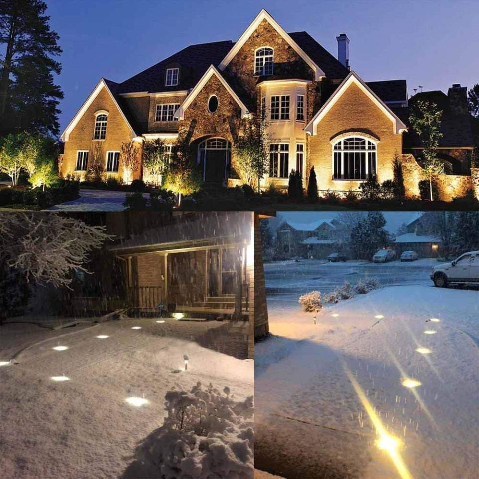 A top photo demonstrates uplighting on a large home and two bottom photos show the same lights illuminating snow-covered front lawns