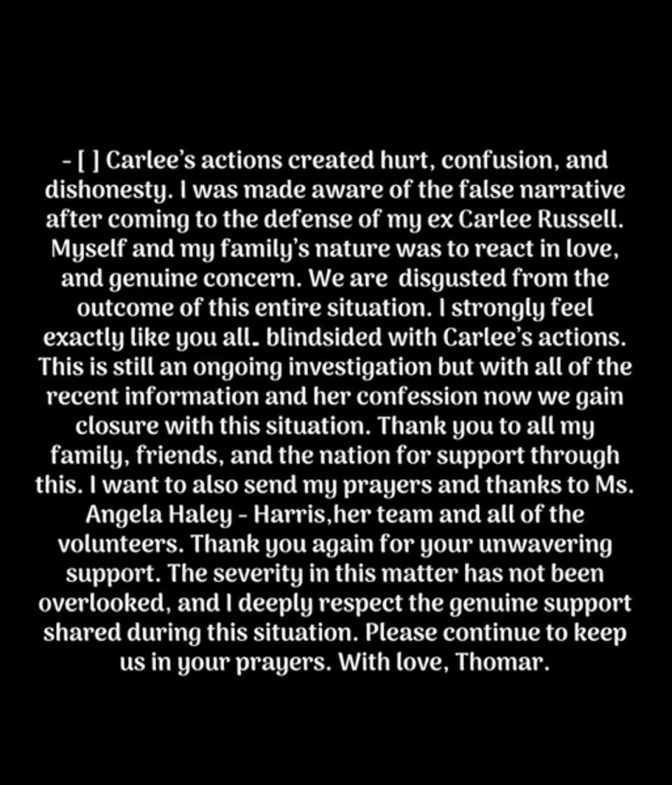 Thomar Latrell Simmons releases statement after Carlee Russell admitted she faked abduction (Thomar Latrell Simmons/Instagram)