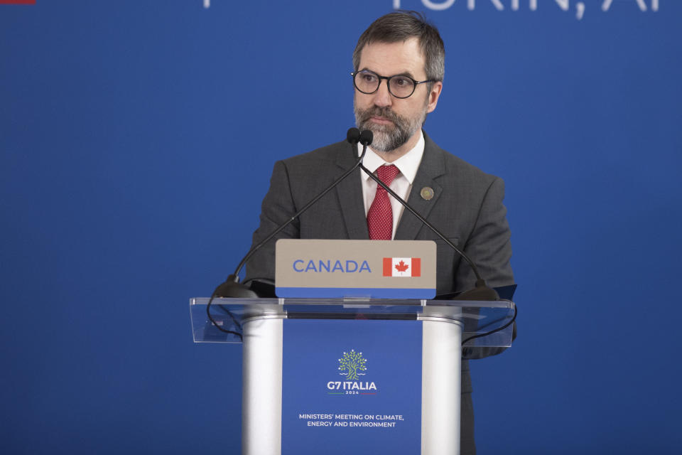 Canada's Environment Minister Steven Guilbeault speaks during the G7 Climate, energy and environment press conference at Venaria Reale in Turin, Italy, Tuesday April 30, 2024. (Alberto Gandolfo/LaPresse via AP)