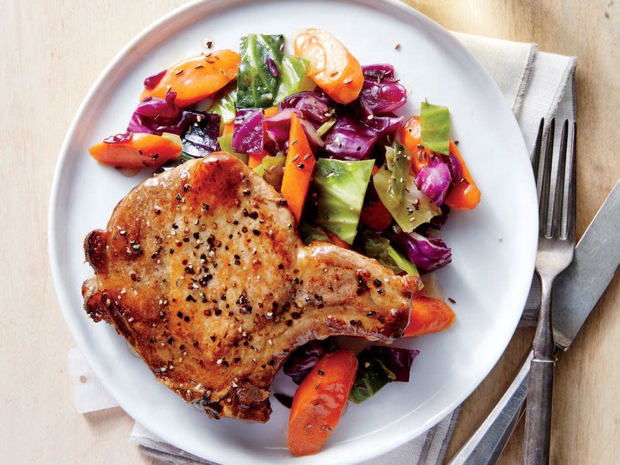 Pan-Roasted Pork Chops with Cabbage and Carrots