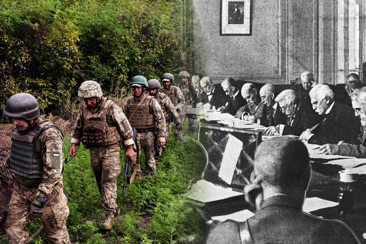 Ukrainian soldiers; Treaty of Versailles Photo illustration by Salon/Getty Images