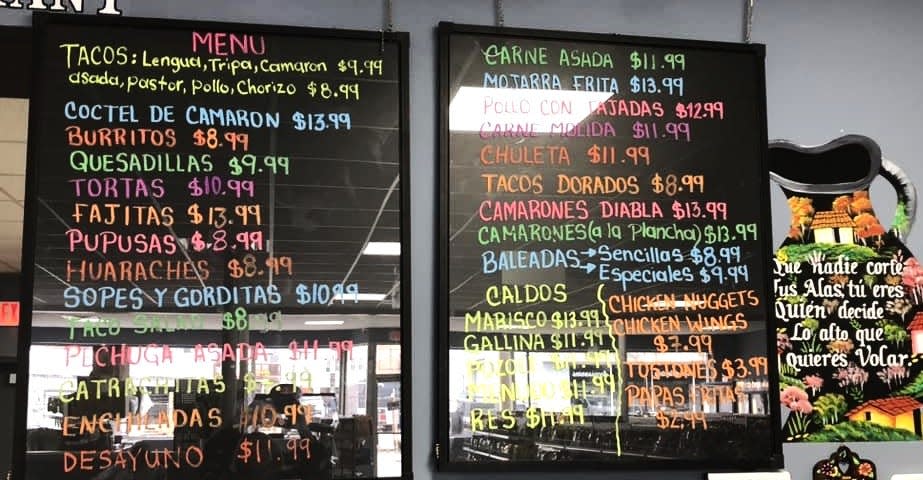 The menu at J&A Latino Market and Restaurant in Hopewell, Virginia on May 14, 2024.