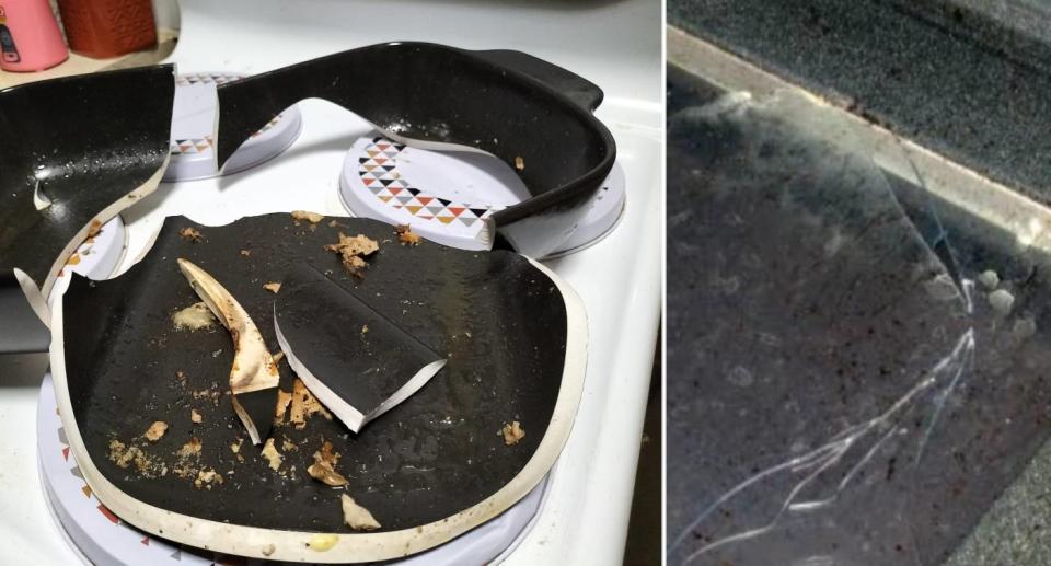 Broken ceramic baking dish and cracked oven door