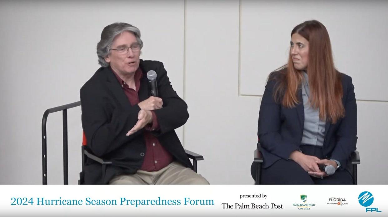 Left to right: Tommy Strowd, executive director and engineer for the Lake Worth Drainage District and Jamie Molnar, executive director of emergency preparedness for Florida Power & Light, speak on-stage at The Palm Beach Post's "2024 Hurricane Season Preparedness Forum" at Palm Beach State College on June 5.