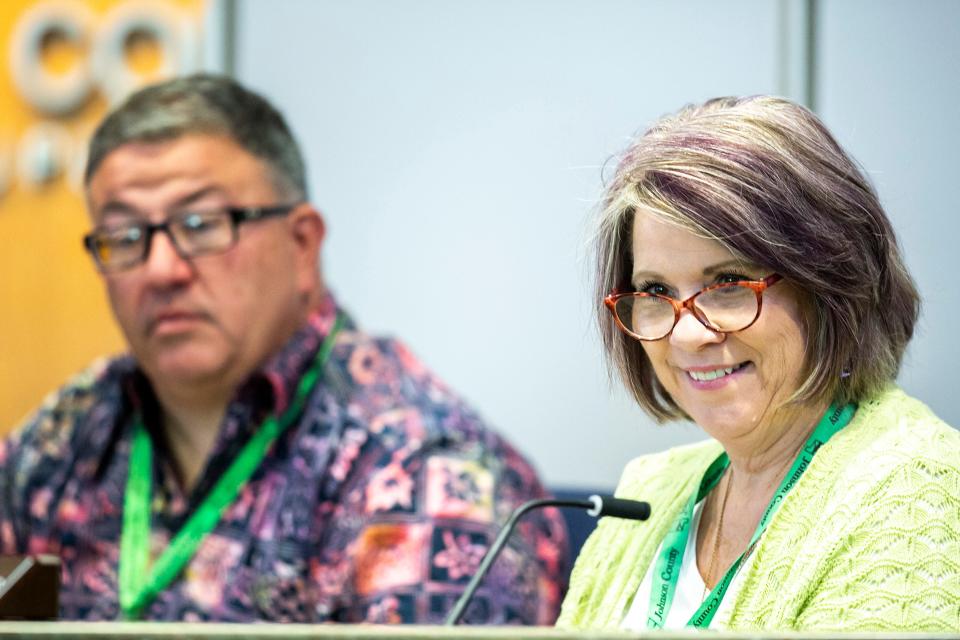 Johnson County Board of Supervisors Lisa Green-Douglass, right, and Rod Sullivan listen to a person speak during a canvass of votes in the June 8 special election, Tuesday, June 15, 2021, at the Johnson County Administration Building in Iowa City, Iowa.