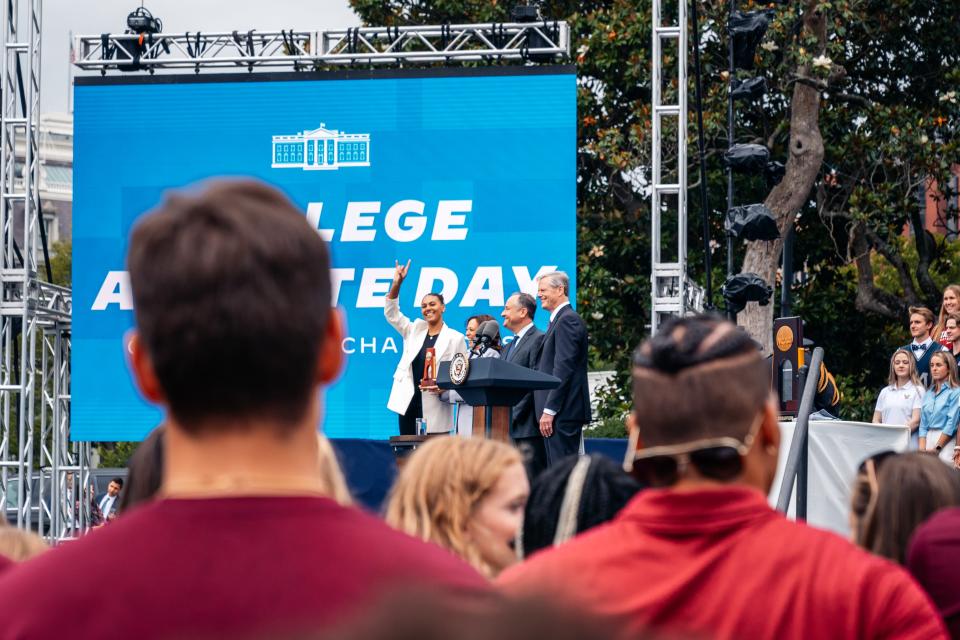 UT's Logan Eggleston, left, shares the stage with Vice President Kamala Harris at the College Athlete Day event at the White House on Monday. Eggleston was the only athlete invited to address the group.