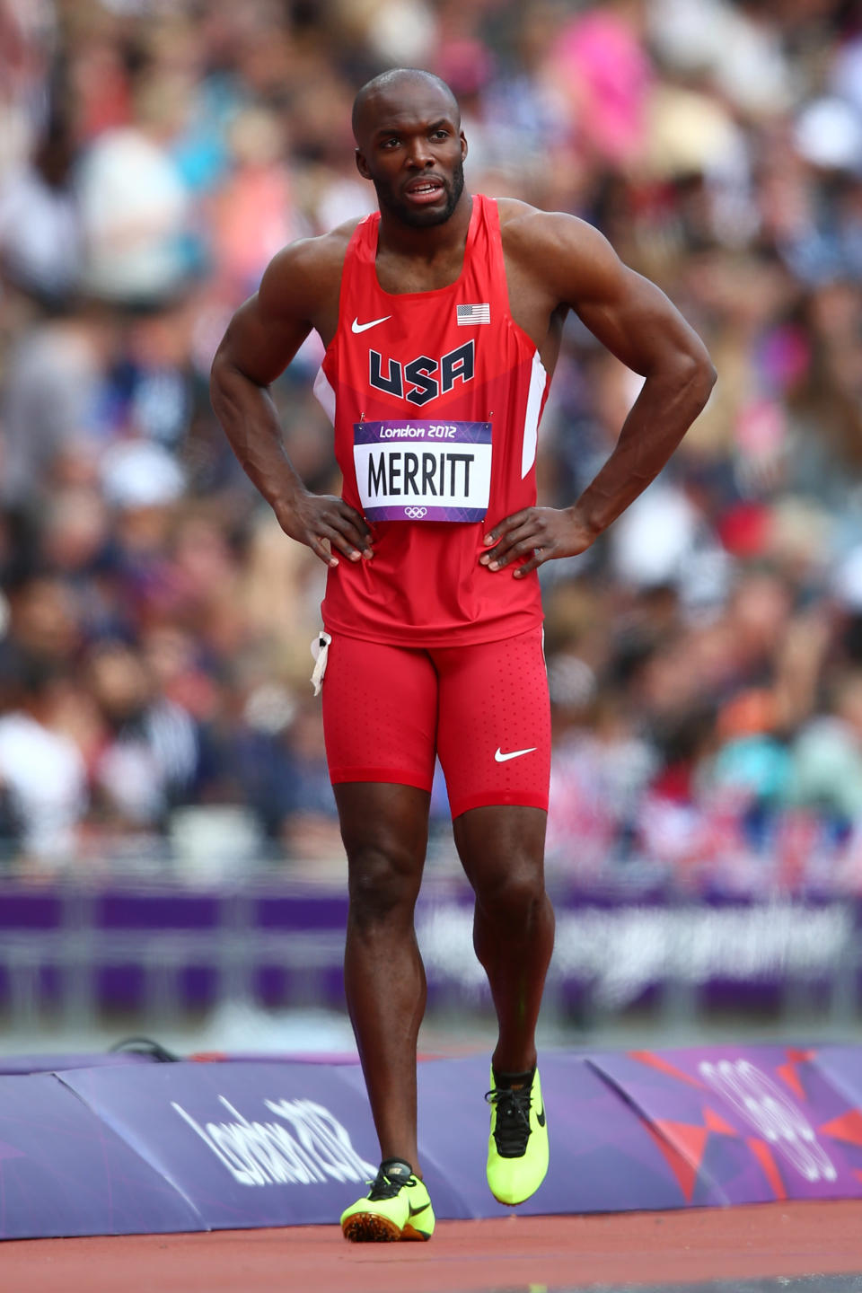 Lashawn Merritt of the United States pulls out with a hamstring injury in the Men's 400m Round 1 Heats on Day 8 of the London 2012 Olympic Games at Olympic Stadium on August 4, 2012 in London, England. (Photo by Michael Steele/Getty Images)
