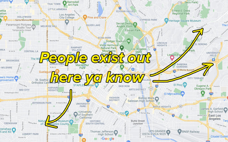 A map of los angeles pointing to East and South LA with the words "People exist out here ya know"