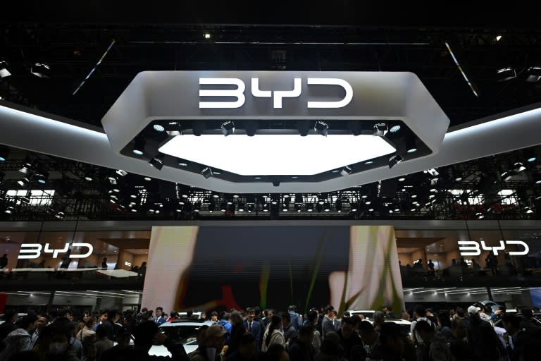 People visit the BYD stand at the Beijing Auto Show on April 29, 2024 (Pedro PARDO)