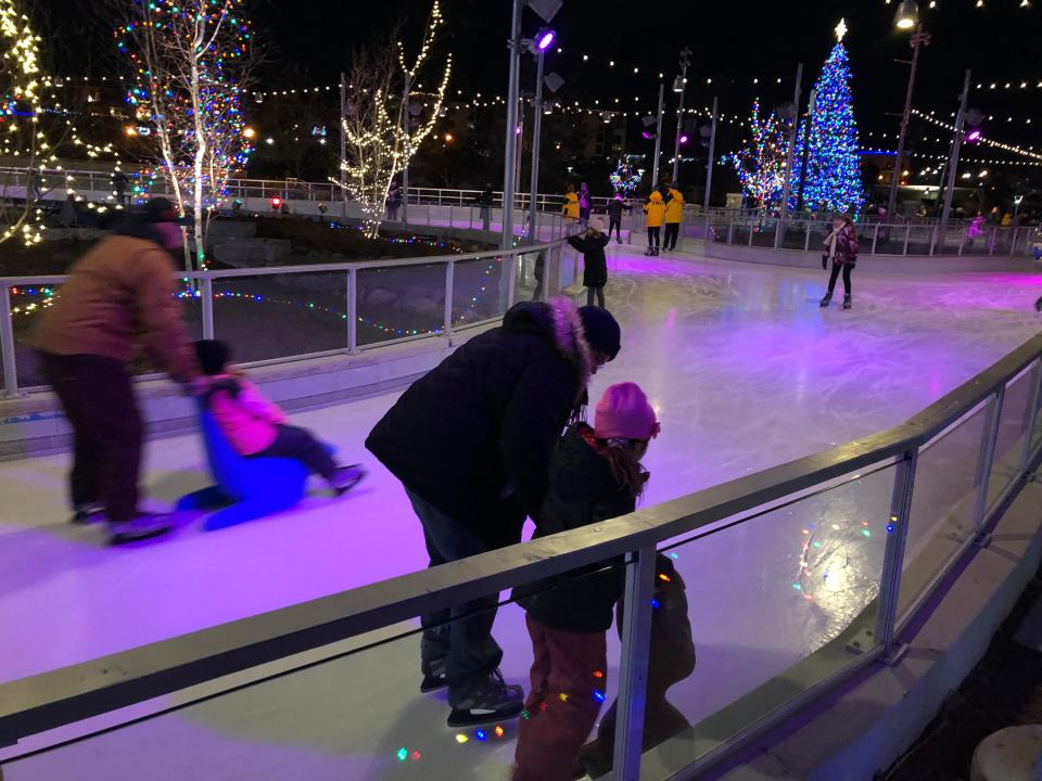 Skaters try out the new Ironworks Ice Rink on its opening night Dec. 3, 2022, at Mishawaka's Beutter Park.