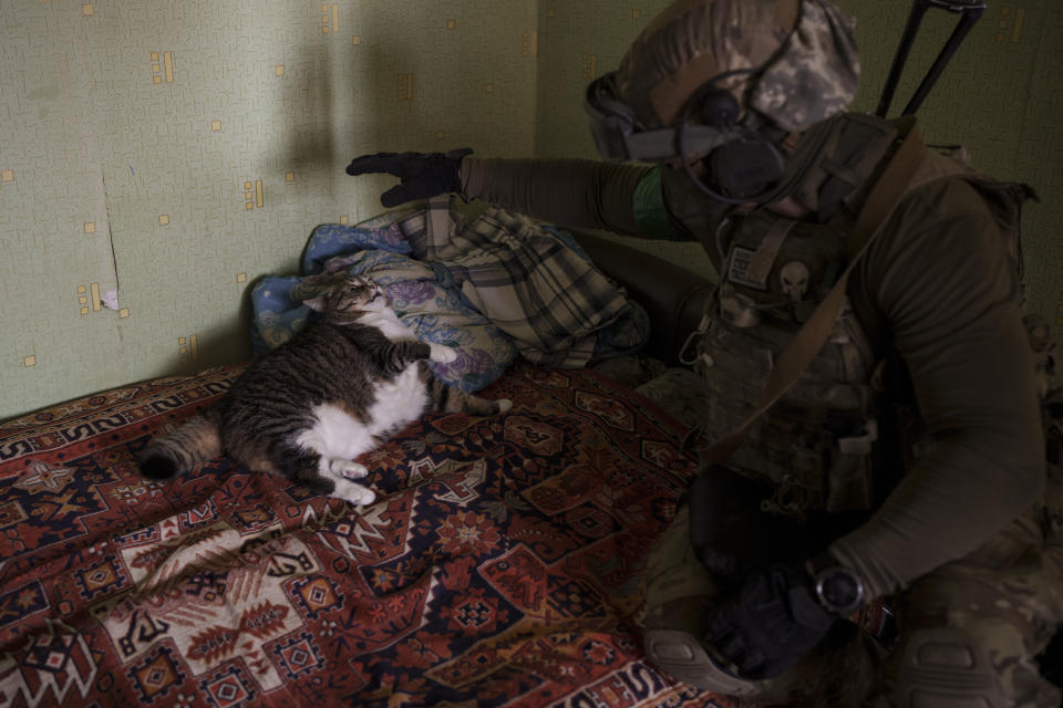 A Security Service of Ukraine (SBU) serviceman plays with a cat during an operation to arrest suspected Russian collaborators in Kharkiv, Ukraine, Thursday, April 14, 2022. Ukrainian authorities are cracking down on anyone suspected of aiding Russian troops under laws enacted by Ukraine’s parliament and signed by President Volodymyr Zelenskyy after the Feb. 24 invasion. Offenders face up to 15 years in prison for acts of collaborating with the invaders or showing public support for them. (AP Photo/Felipe Dana)