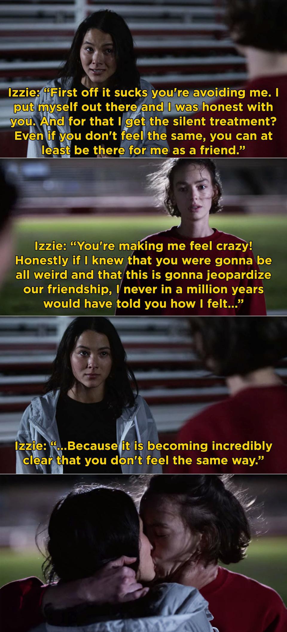 Izzie says how it sucks to get the silent treatment after she put herself out there and she never would have said how she felt if she knew Casey was gonna get weird, and then they kiss