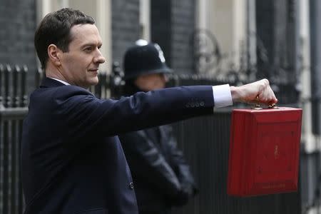 Britain's Chancellor of the Exchequer, George Osborne, holds up his budget case for the cameras as he stands outside number 11 Downing Street, before delivering his budget to the House of Commons, in central London March 18, 2015. REUTERS/Stefan Wermuth