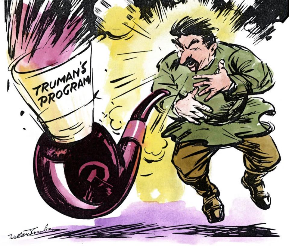Caricatura de Stalin em perigo devido ao efeito da 'Doutrina Truman'