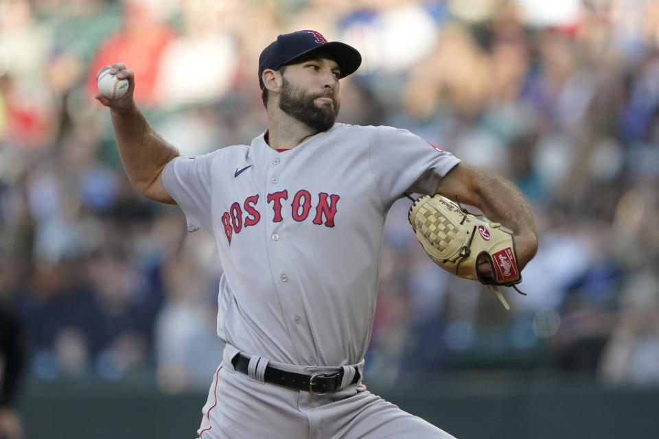 Boston Red Sox starting pitcher Michael Wacha throws to a Seattle Mariners batter during the first inning of a baseball game Saturday, June 11, 2022, in Seattle. (AP Photo/Ted S. Warren)