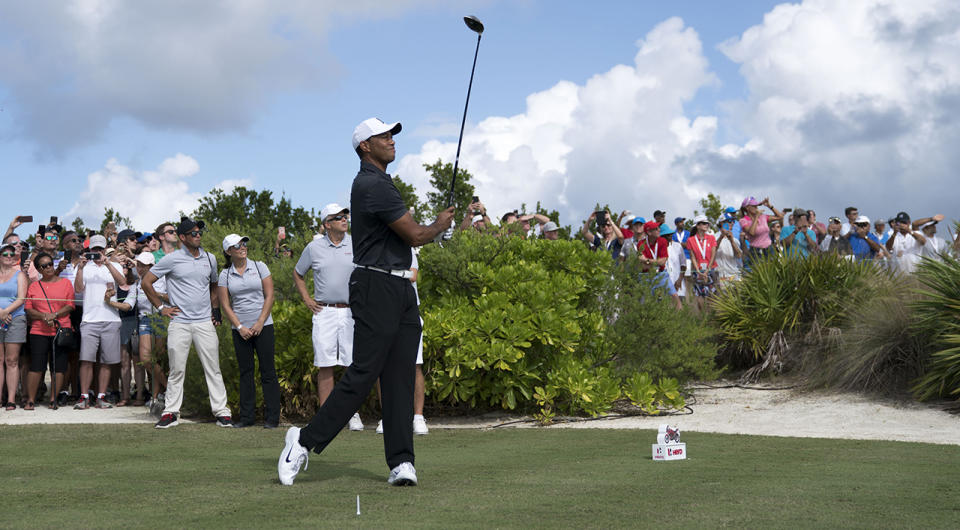 Tiger Woods hits his tee shot on the first hole during the first round of the Hero World Challenge golf tournament at Albany. (Photo: Kyle Terada/USA TODAY Sports)