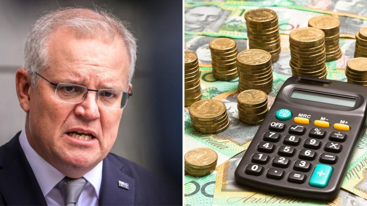 Pictured: Prime Minister Scott Morrison, Australian cash and calculator suggesting tax cut. Images: Getty